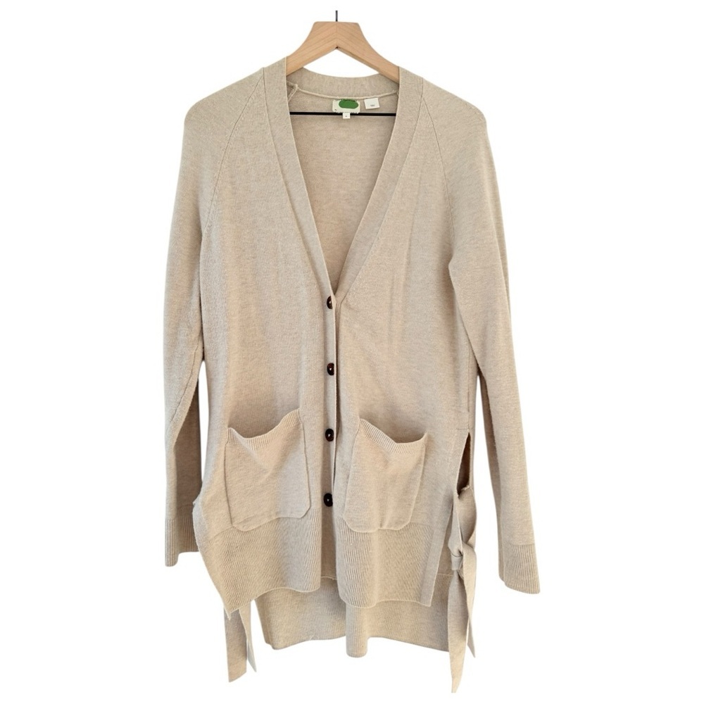 Anthropologie Light Tan Side Split Tie Longline Button-Up Sweater size small